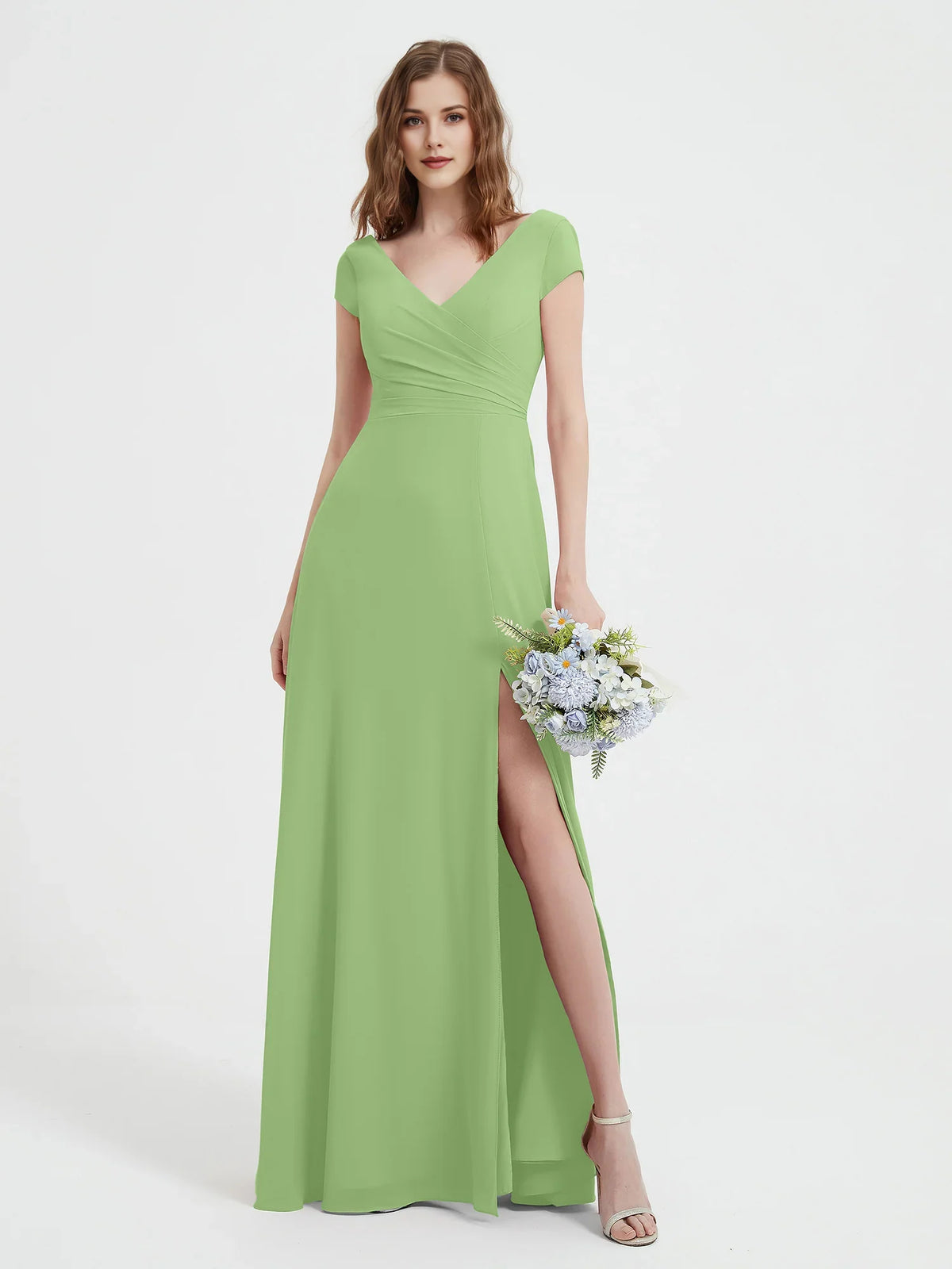 Ruched Side-Slit Slit V Neck A-Line Maxi Chiffon Bridesmaid Dress for Wedding Ceremony