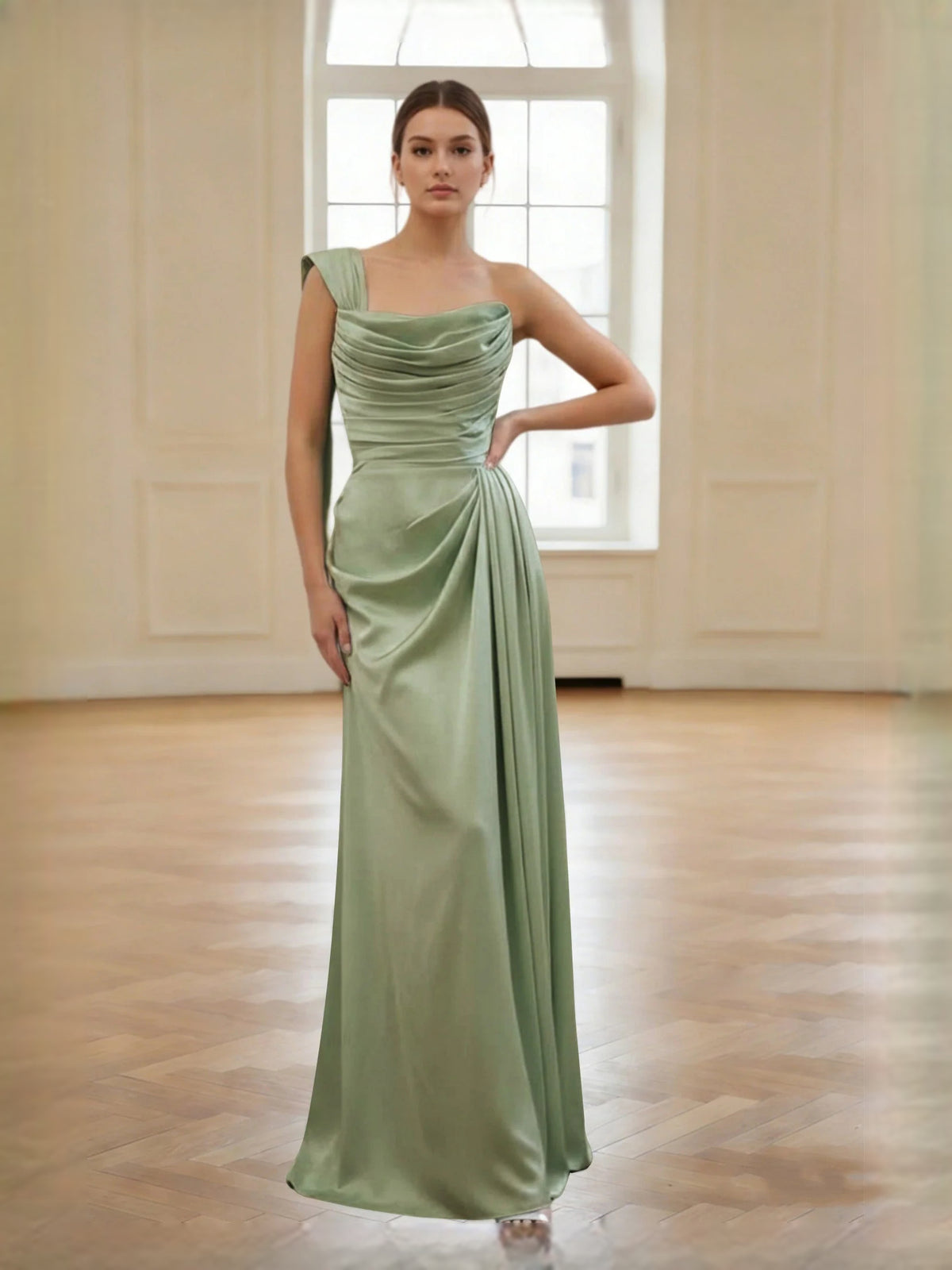 Ruched Pleated One Shoulder Sheath Floor-Length Satin Bridesmaid Dress for Garden Wedding