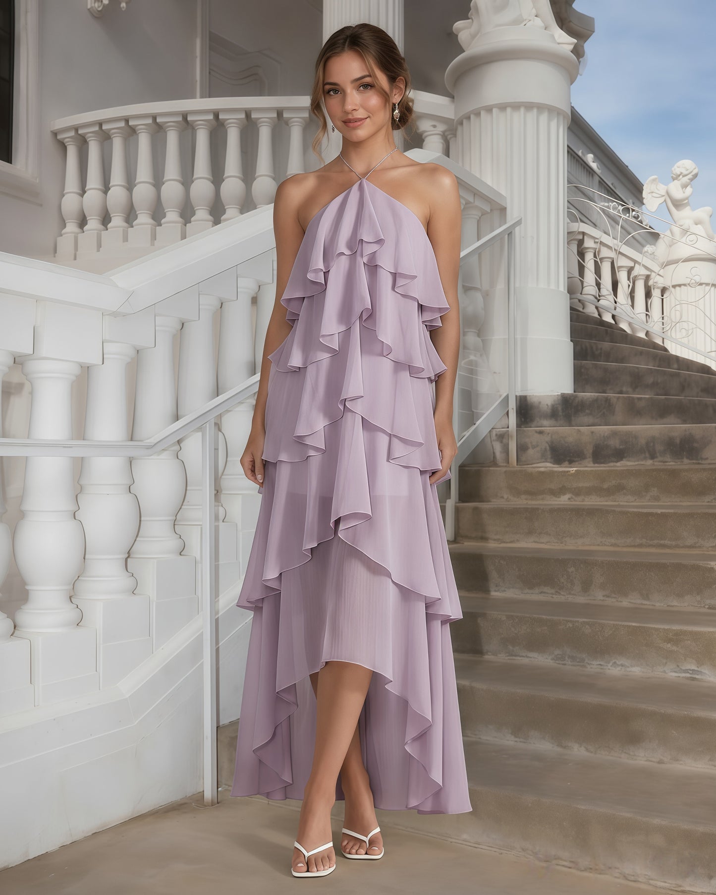 One-Shoulder Tiered Ruffle High-Low Chiffon Formal Dress