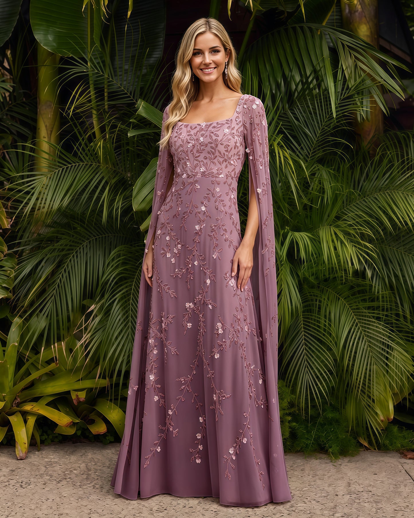 Square-Neck Long-Sleeve Lace A-Line Formal Dress