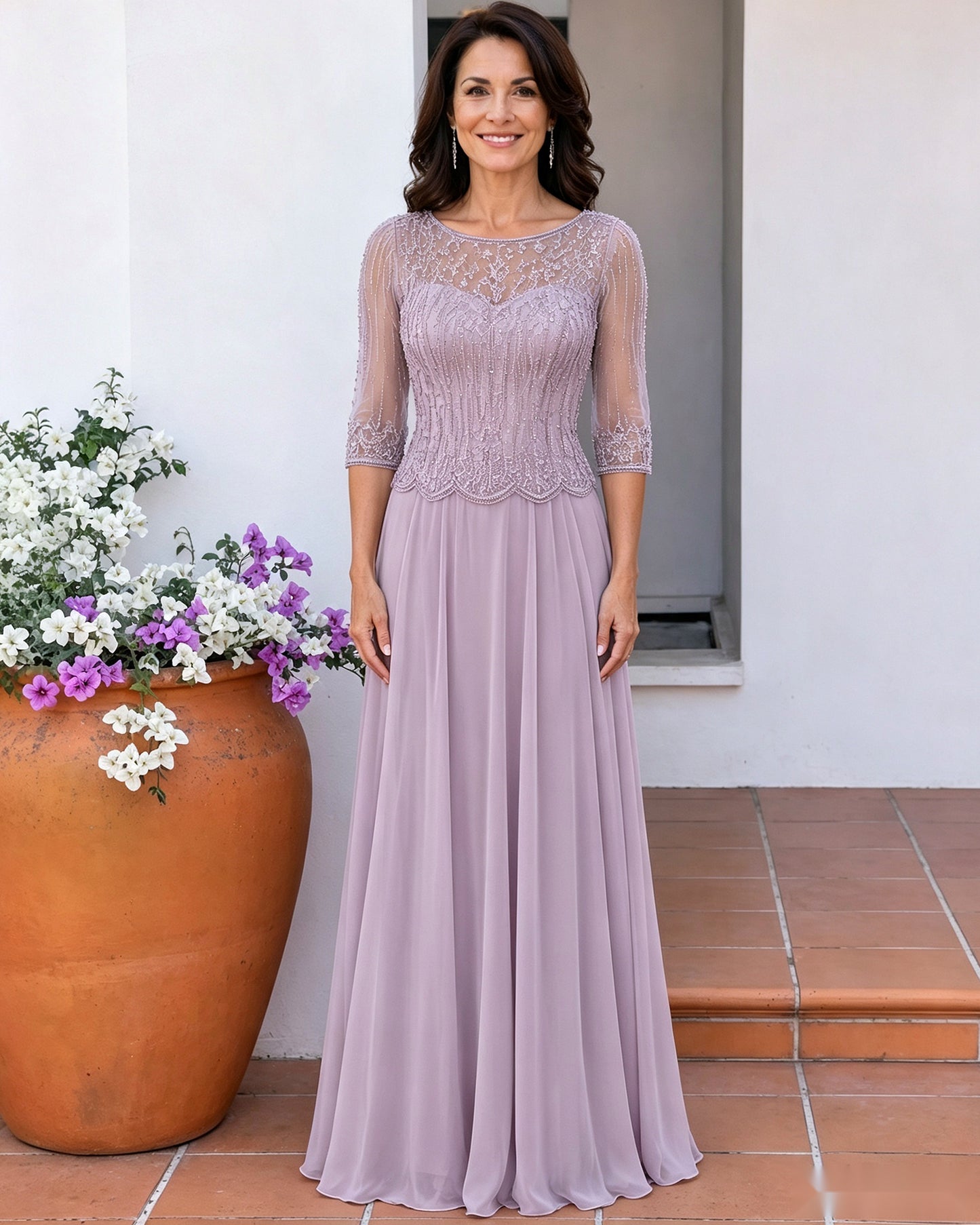 Illusion Lace Three-Quarter Sleeve A-Line Mother of the Bride Dress