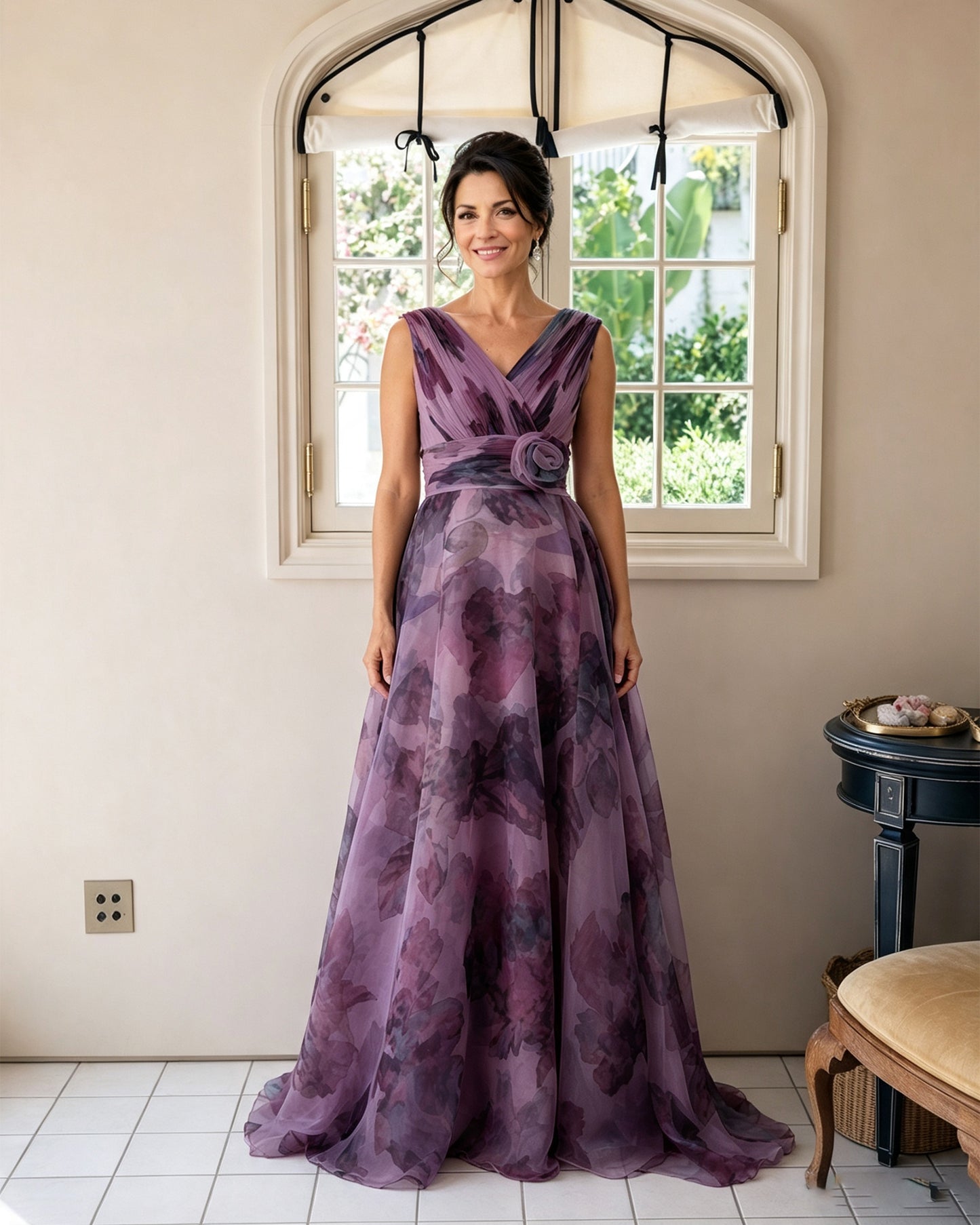 Floral Print V-Neck Chiffon Mother of the Bride Dress with Rosette Sash