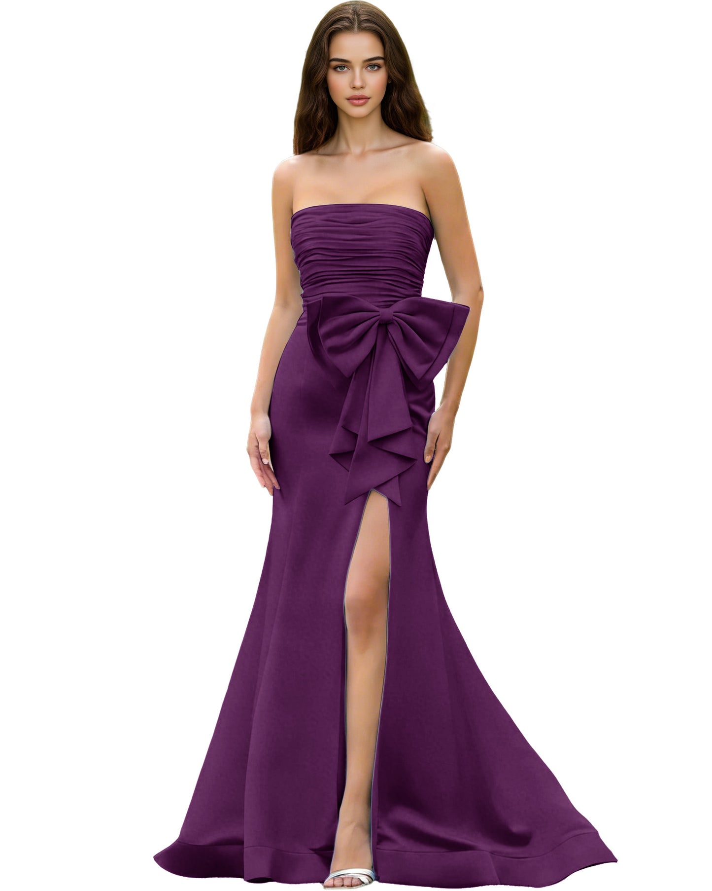 Strapless Bow Detail Satin Prom Dress with Ruched Bodice and Slit