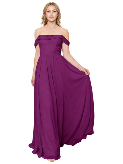 Off Shoulder Pleated Chiffon Bridesmaid Dress with Flowing A-Line Dress