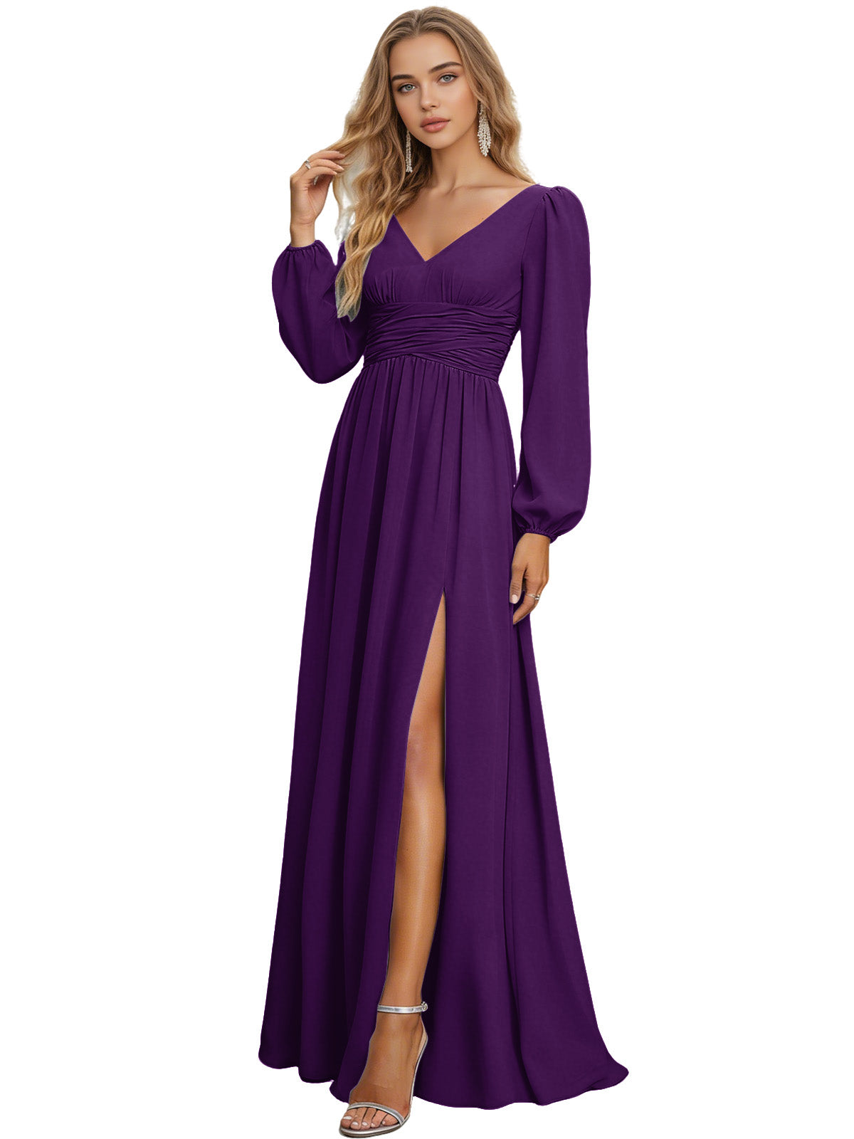 Long Sleeve V-Neck Chiffon Bridesmaid Dress with Front Slit