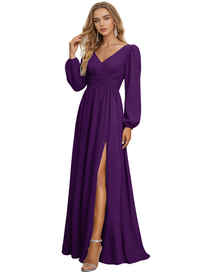 Long Sleeve V-Neck Chiffon Bridesmaid Dress with Front Slit