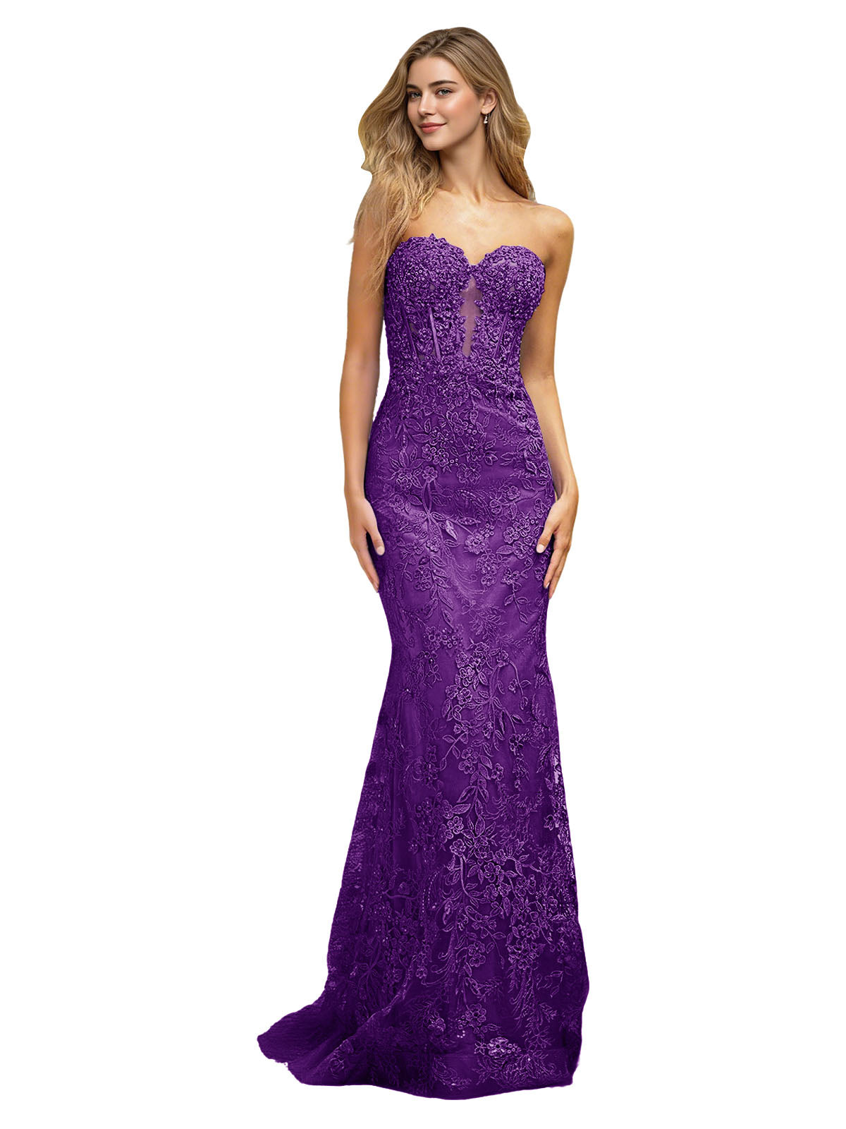 Strapless Floral Lace Mermaid Prom Dress with Sparkle Applique and Train