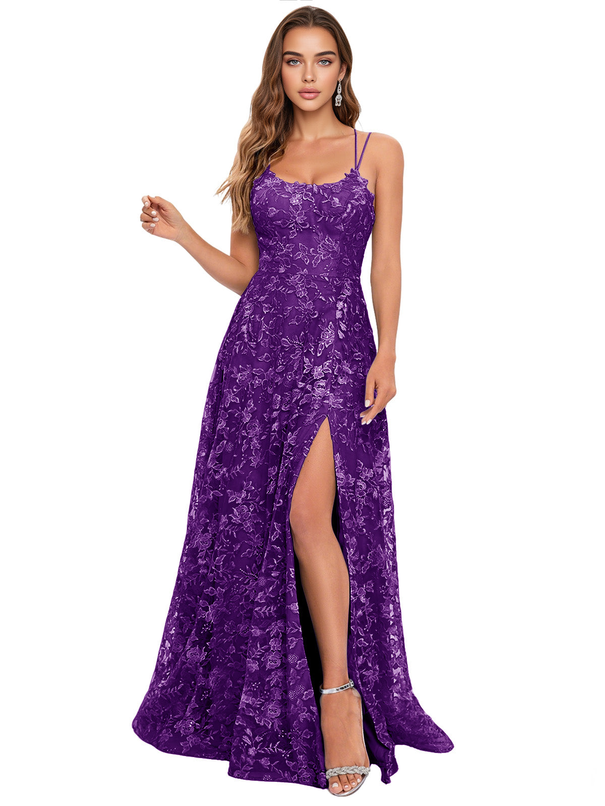 Scoop Neck Lace A-Line Prom Dress with Spaghetti Straps and Side Slit