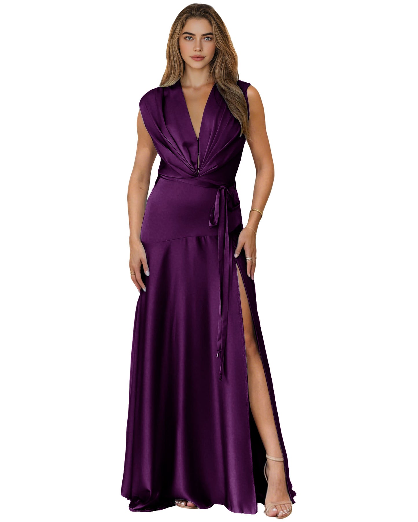 Plunging V-Neck Satin A-Line Prom Dress with Wrap Waist and Slit