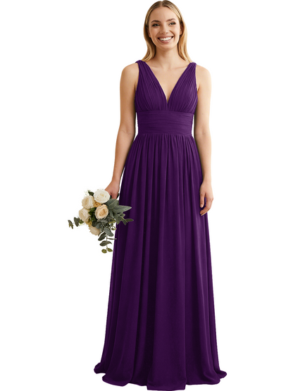 Deep V-Neck Chiffon Bridesmaid Dress with Pleated Waist