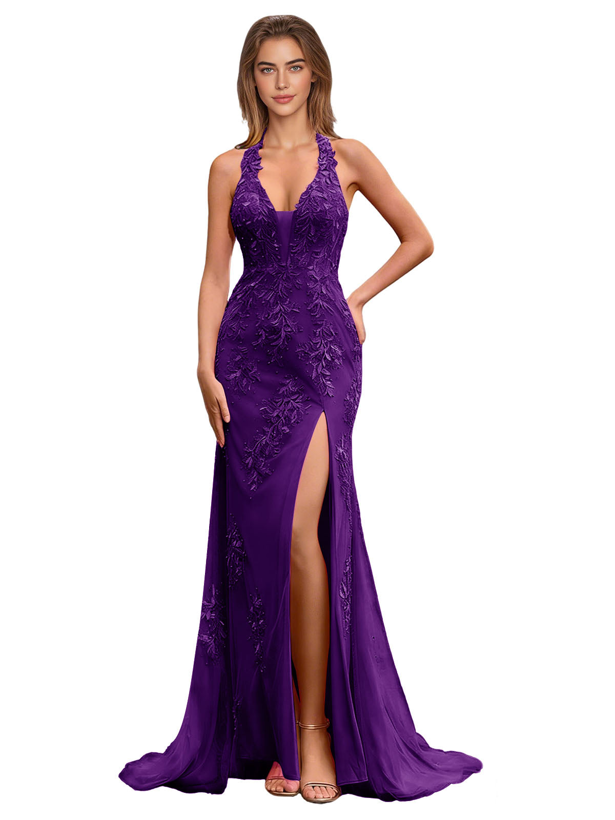 Halter Lace Mermaid Prom Dress with Applique Bodice and Thigh Slit