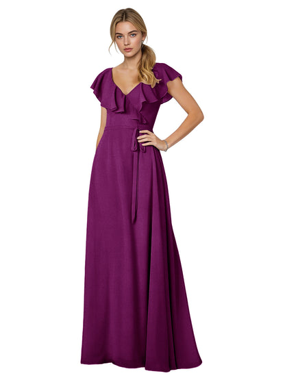 Tie Neck Chiffon Bridesmaid Dress with Flutter Sleeves
