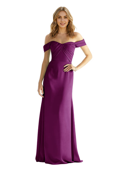 Sweetheart Off Shoulder Satin Bridesmaid Dress with Wrapped Bodice