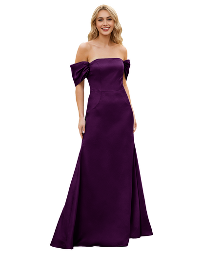 Off Shoulder Satin Bridesmaid Dress with Foldover Neckline and Trumpet Dress