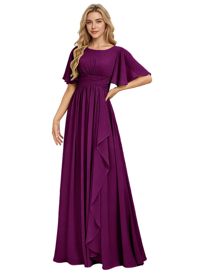 Flutter Sleeve Chiffon Bridesmaid Dress with Tiered Front Ruffle
