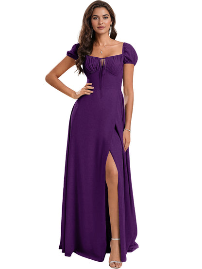 Ruched Short Sleeve Chiffon Bridesmaid Dress with Side Slit