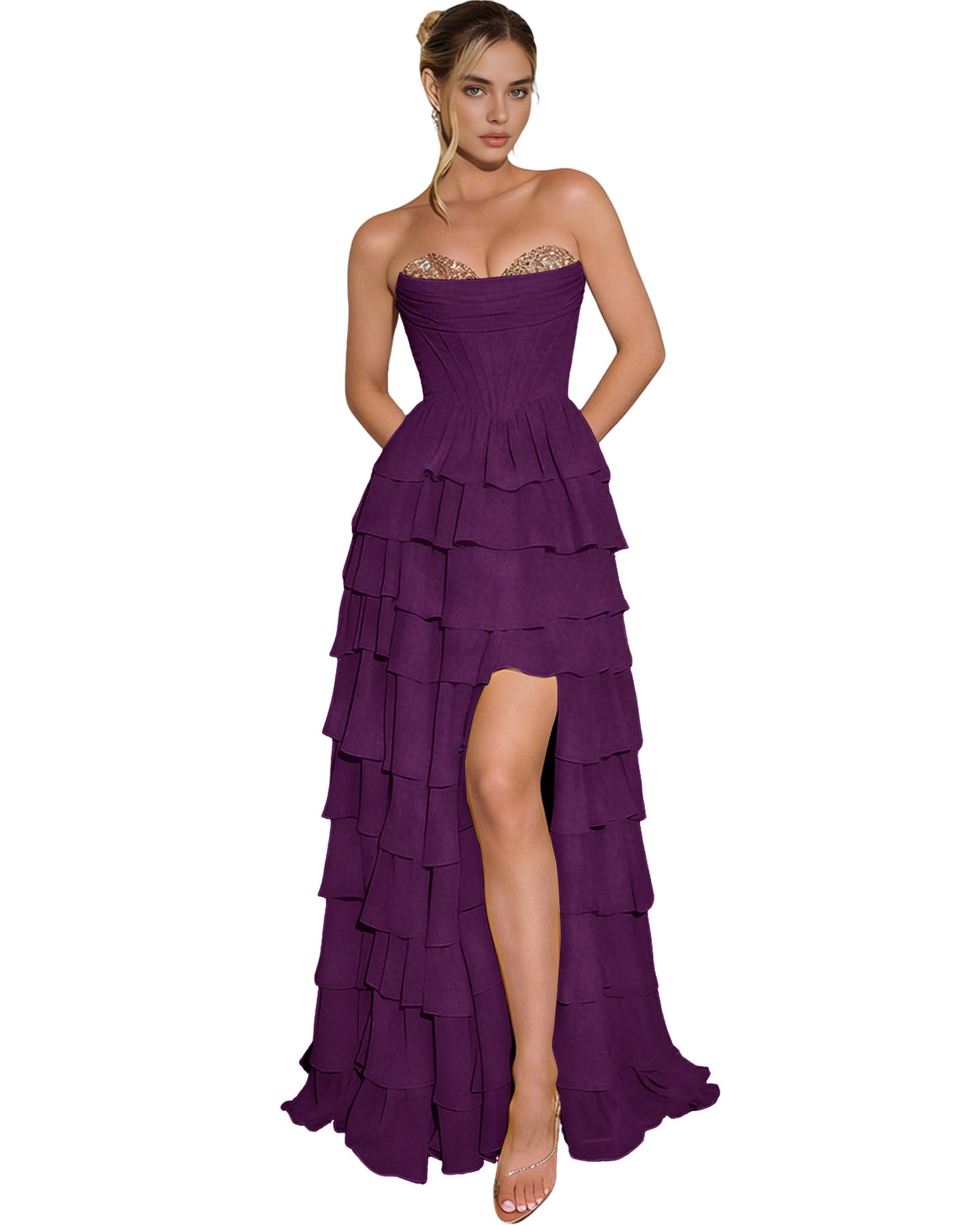 Strapless Layered Tulle Prom Dress with Corset Bodice and High Low Hem
