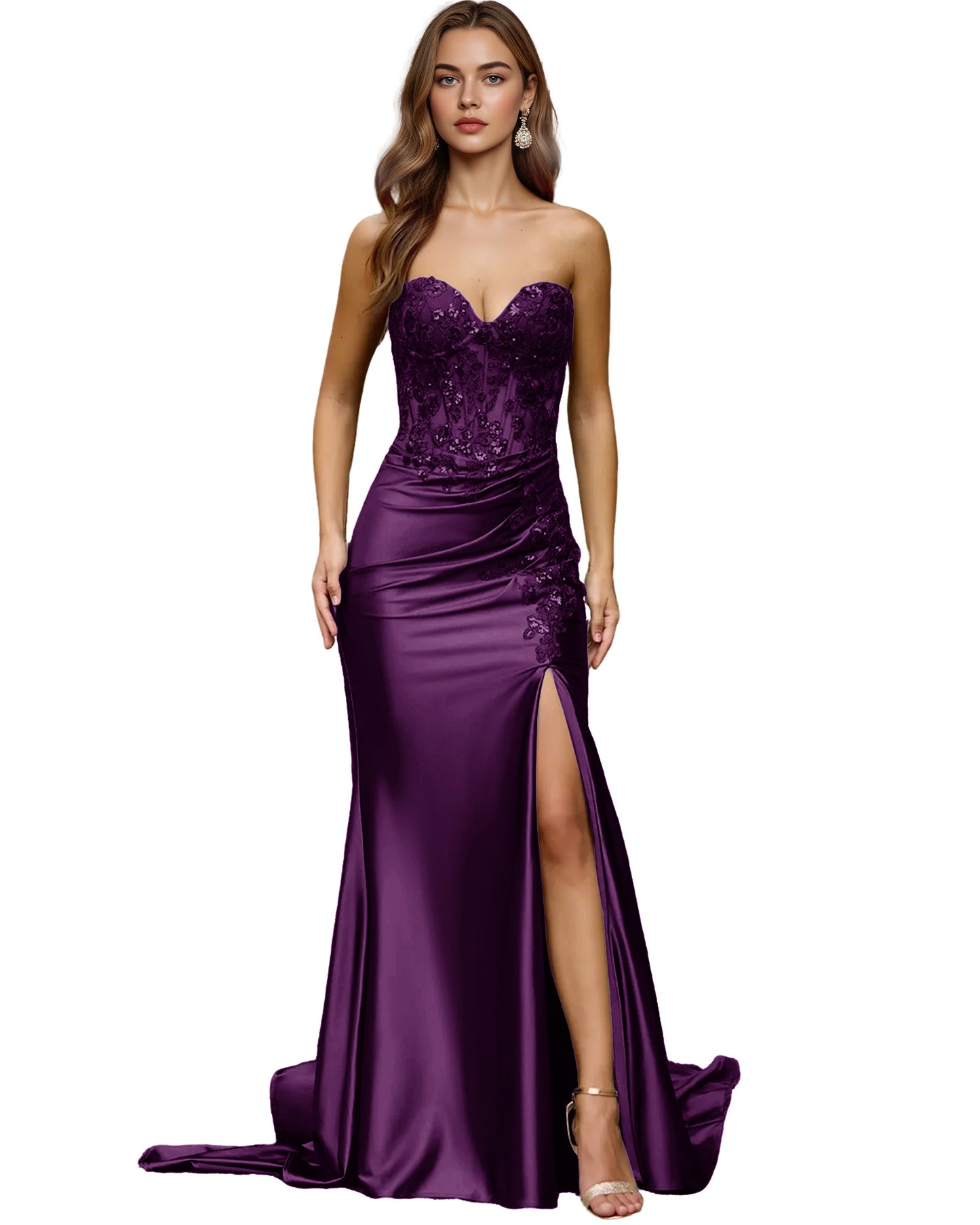 Strapless Emerald Satin Mermaid Prom Dress with Beaded Bodice and Slit