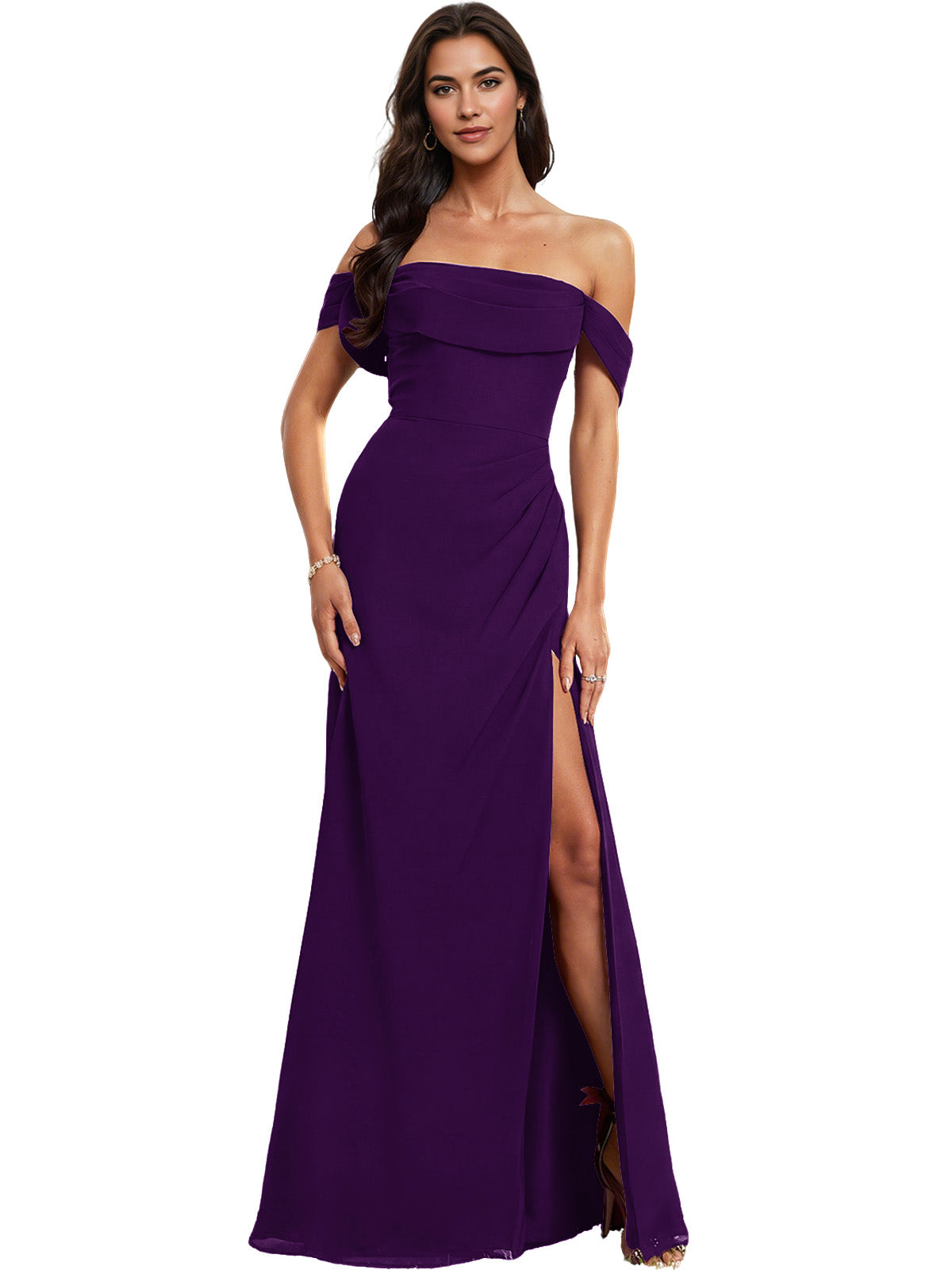 Off Shoulder Crepe Bridesmaid Dress with Foldover Neckline and Slit