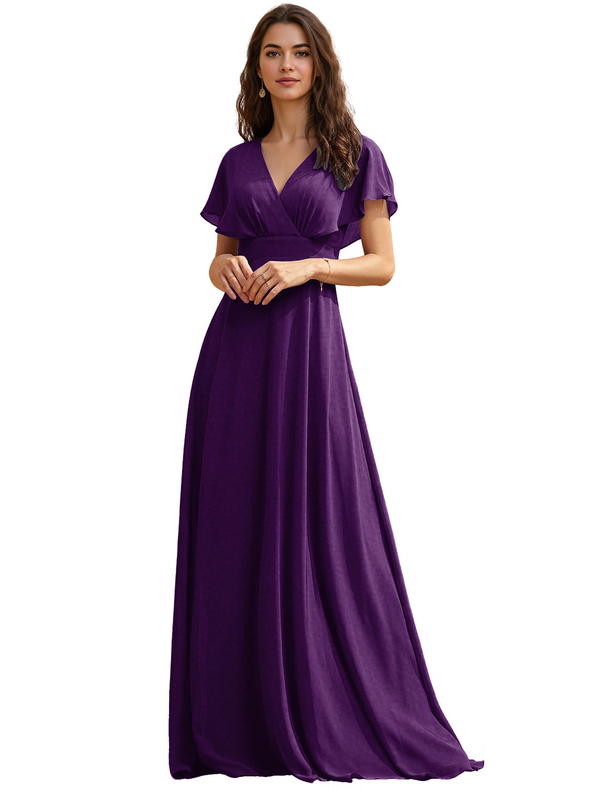 Flutter Sleeve V-Neck Chiffon Bridesmaid Dress with Flowing dress