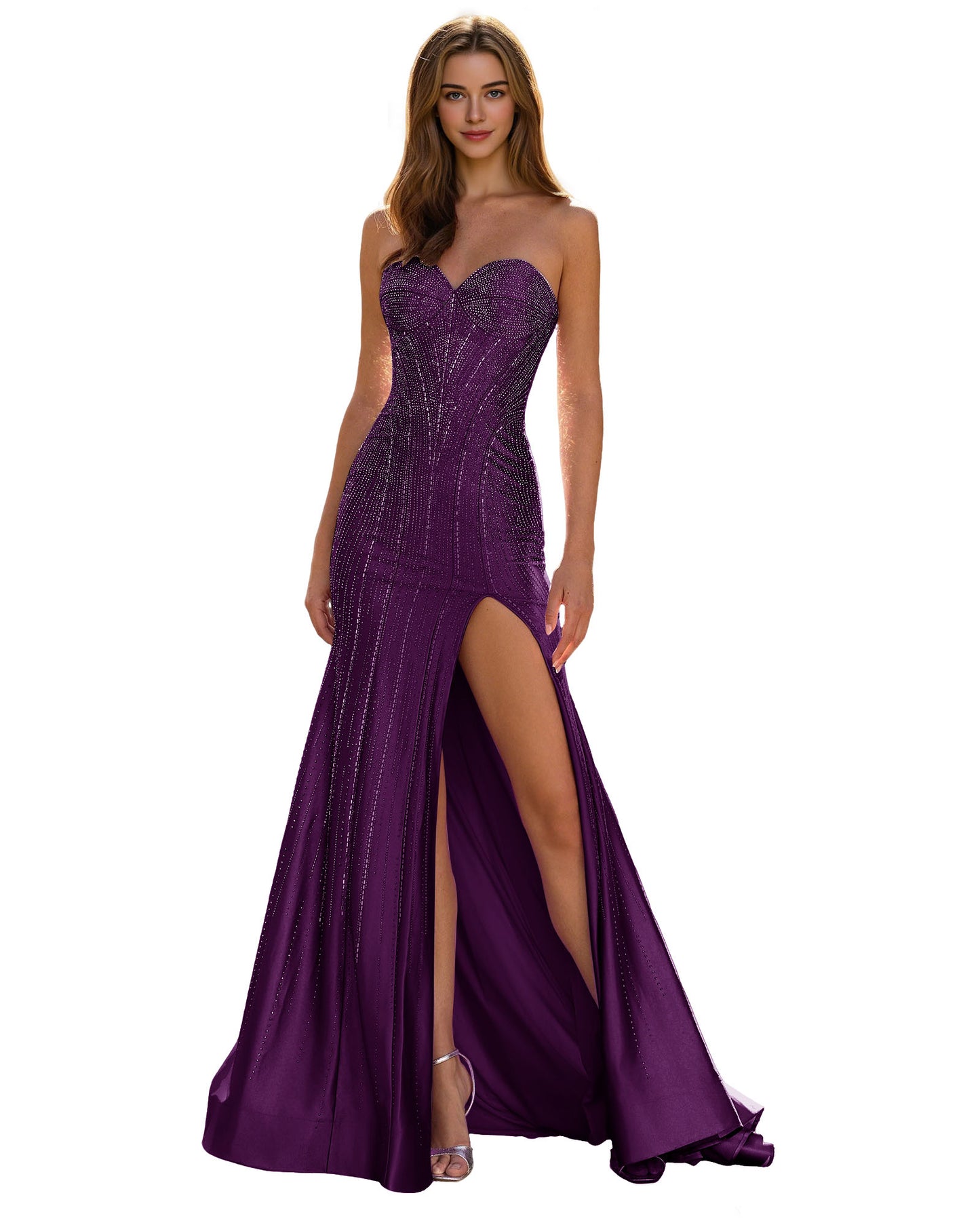 Strapless Sequin Column Prom Dress with Side Slit and Sweep Train