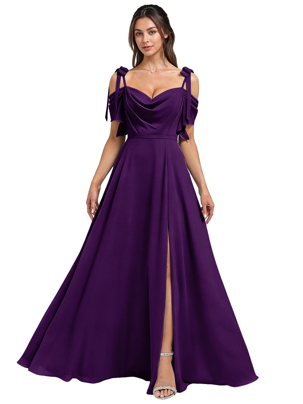 Cowl Neck Cold Shoulder Bridesmaid Dress with High Slit Chiffon Dress