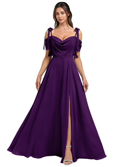 Cowl Neck Cold Shoulder Bridesmaid Dress with High Slit Chiffon Dress