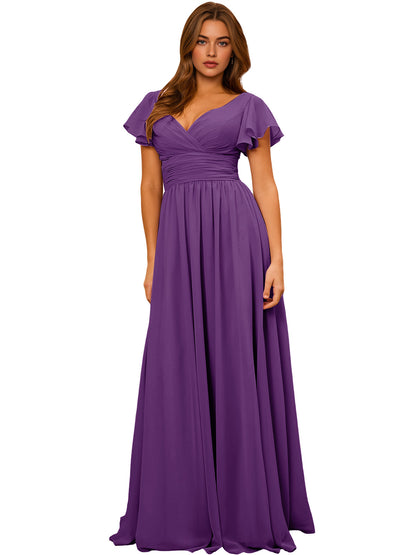 V-Neck Flutter Sleeve Chiffon Bridesmaid Dress with Empire Waist