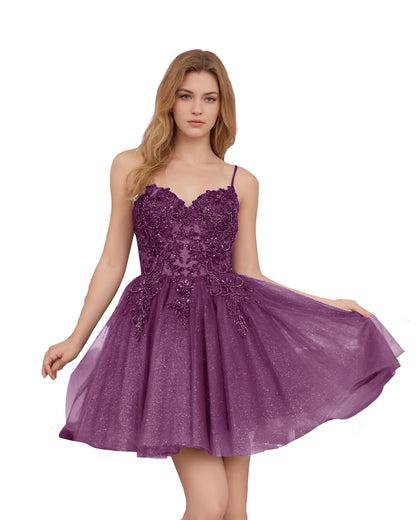 Spaghetti Strap Beaded Corset Glitter Tulle Homecoming Dress
