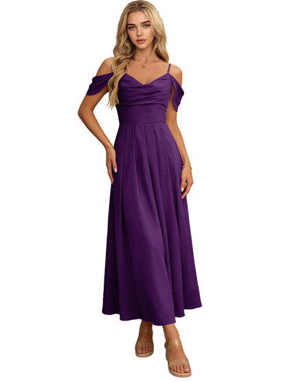 Off Shoulder Midi Bridesmaid Dress with Pleated Bodice and Flowing dress