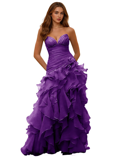 Strapless Organza Ruffle Ball Gown Prom Dress with Draped Corset Bodice