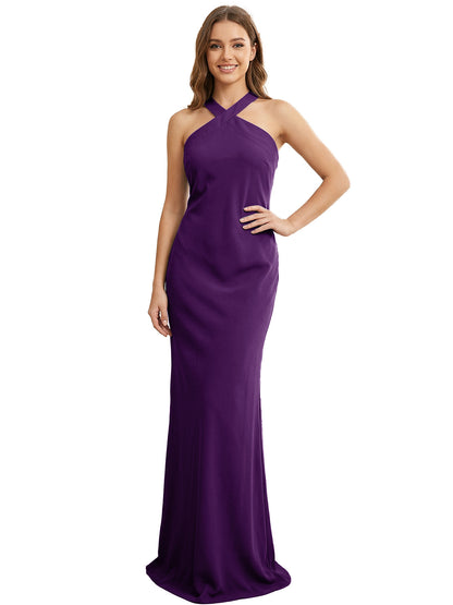 High Neck Halter Bridesmaid Dress with Sleek Column Silhouette