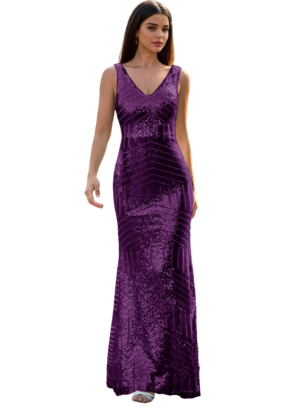 V-Neck Sequin Column Prom Dress with Beaded Waist and Low Back