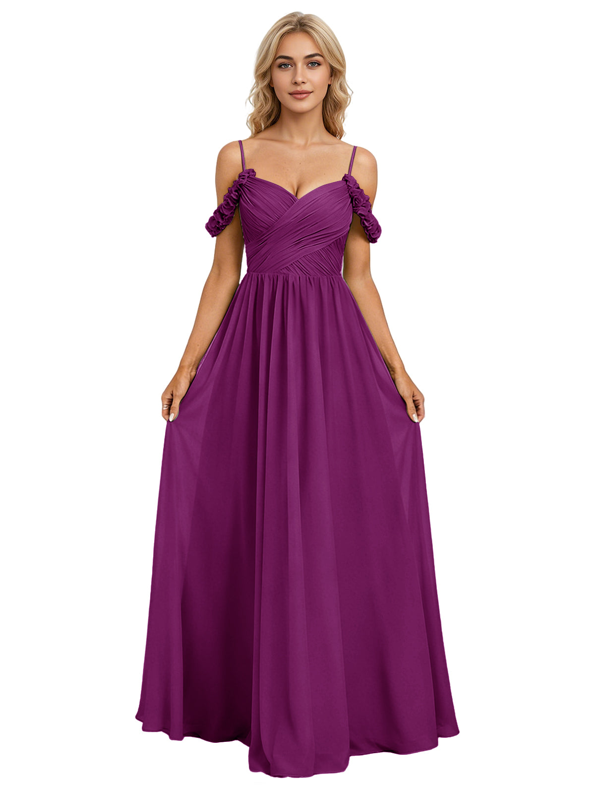 Off Shoulder Lace Applique Bridesmaid Dress with Flowing Chiffon dress