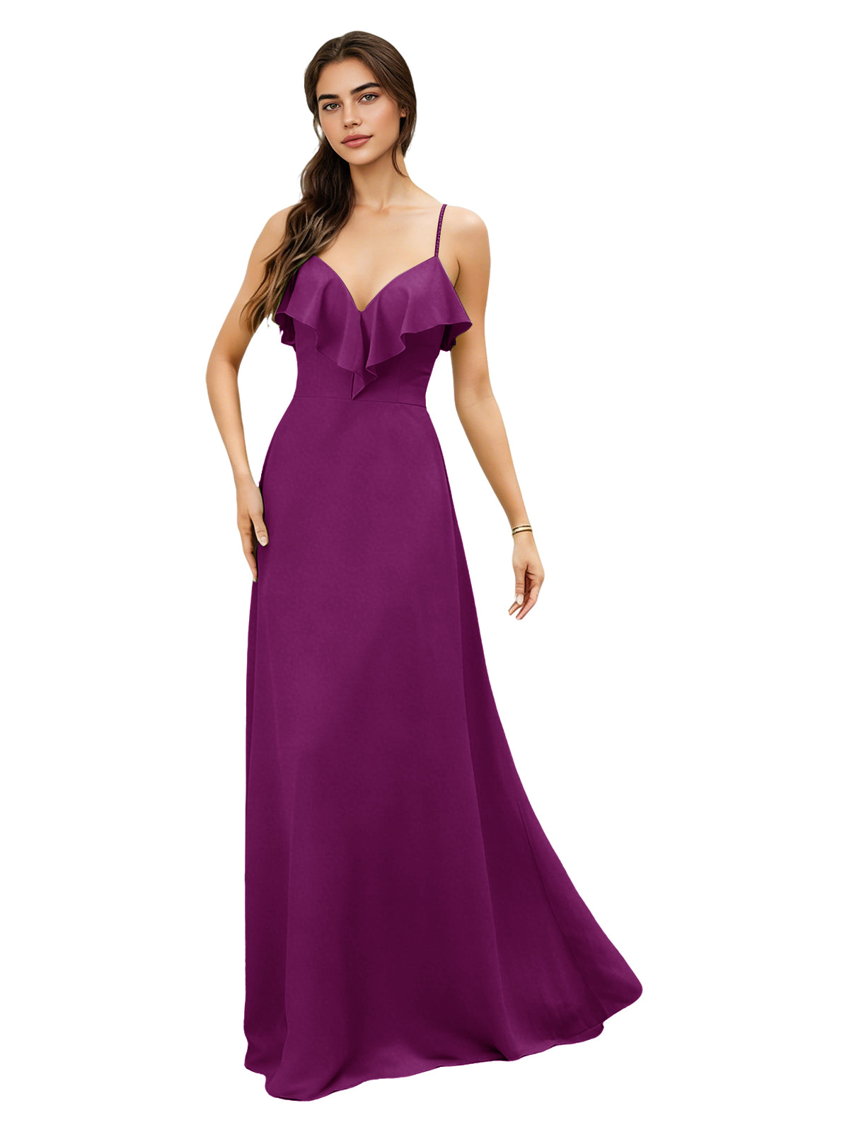 Ruffle V-Neck Chiffon Bridesmaid Dress with Spaghetti Straps