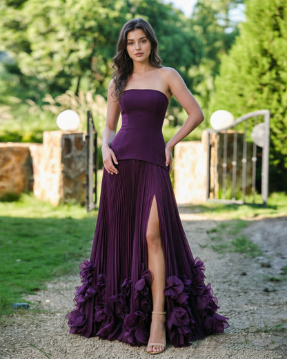 Strapless Floral Hem Formal Dress with Pleated Slit dress