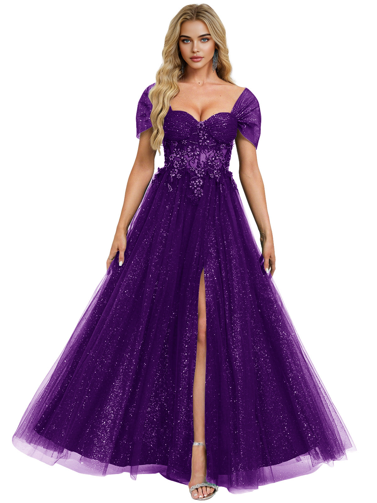 Short Sleeve Glitter Tulle Prom Dress with Illusion Bodice and Slit