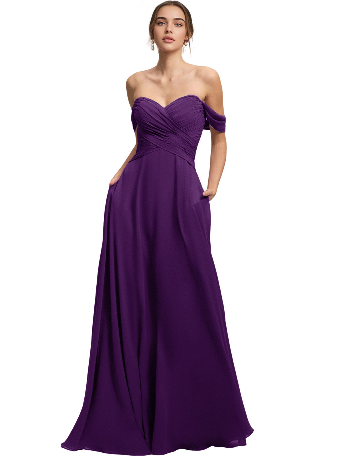 Off Shoulder Chiffon Bridesmaid Dress with Draped Bodice and A-Line Dress