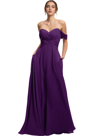 Off Shoulder Chiffon Bridesmaid Dress with Draped Bodice and A-Line Dress