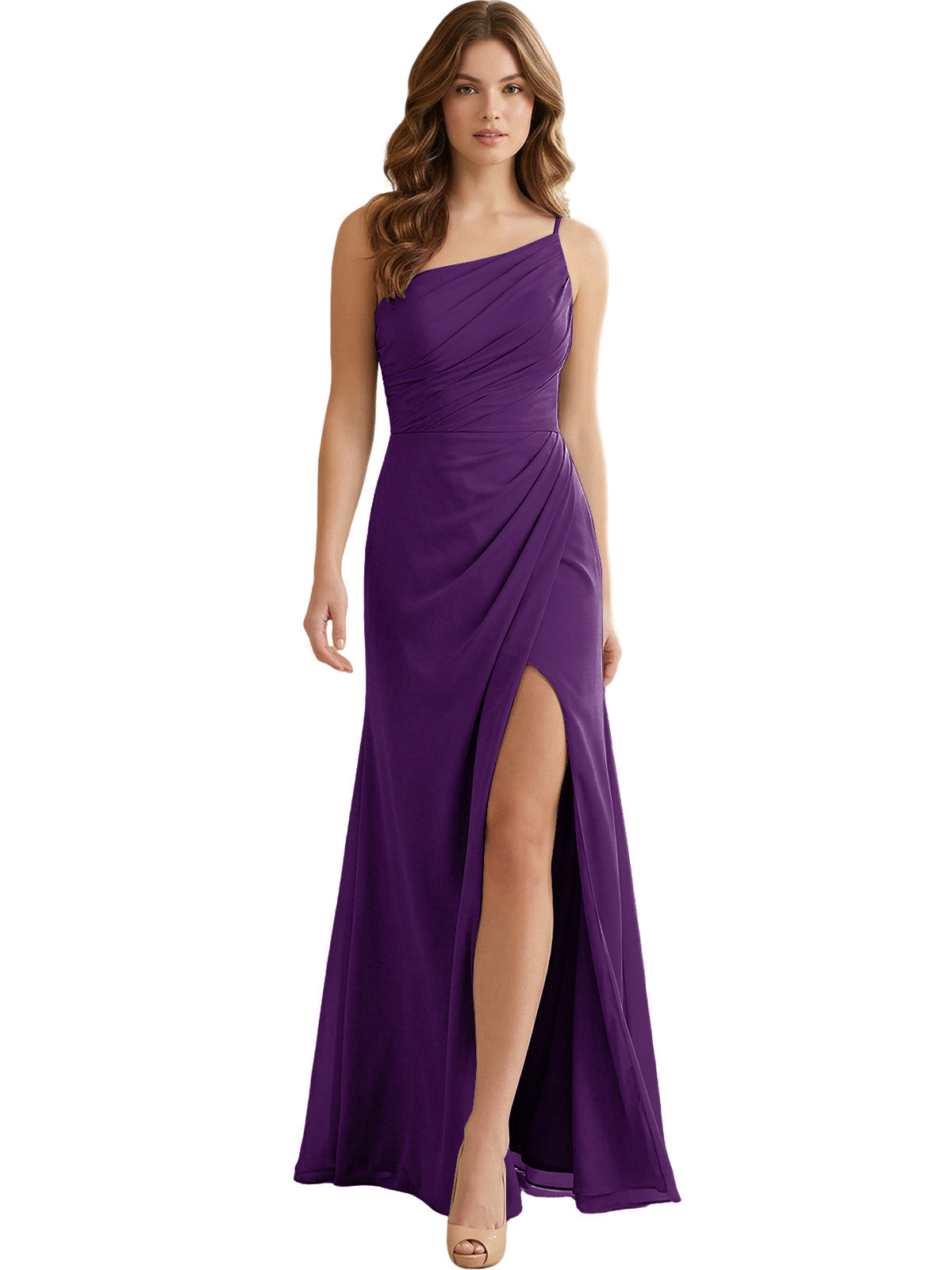 One Shoulder Ruched Chiffon Bridesmaid Dress with Front Slit