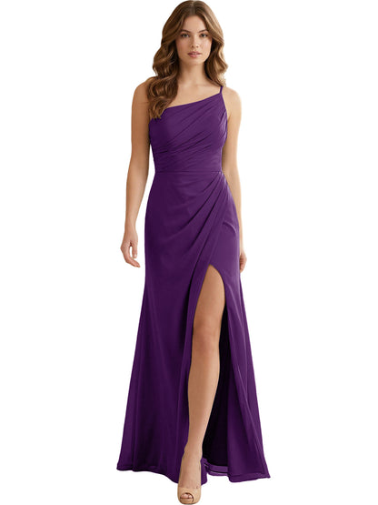 One Shoulder Ruched Chiffon Bridesmaid Dress with Front Slit