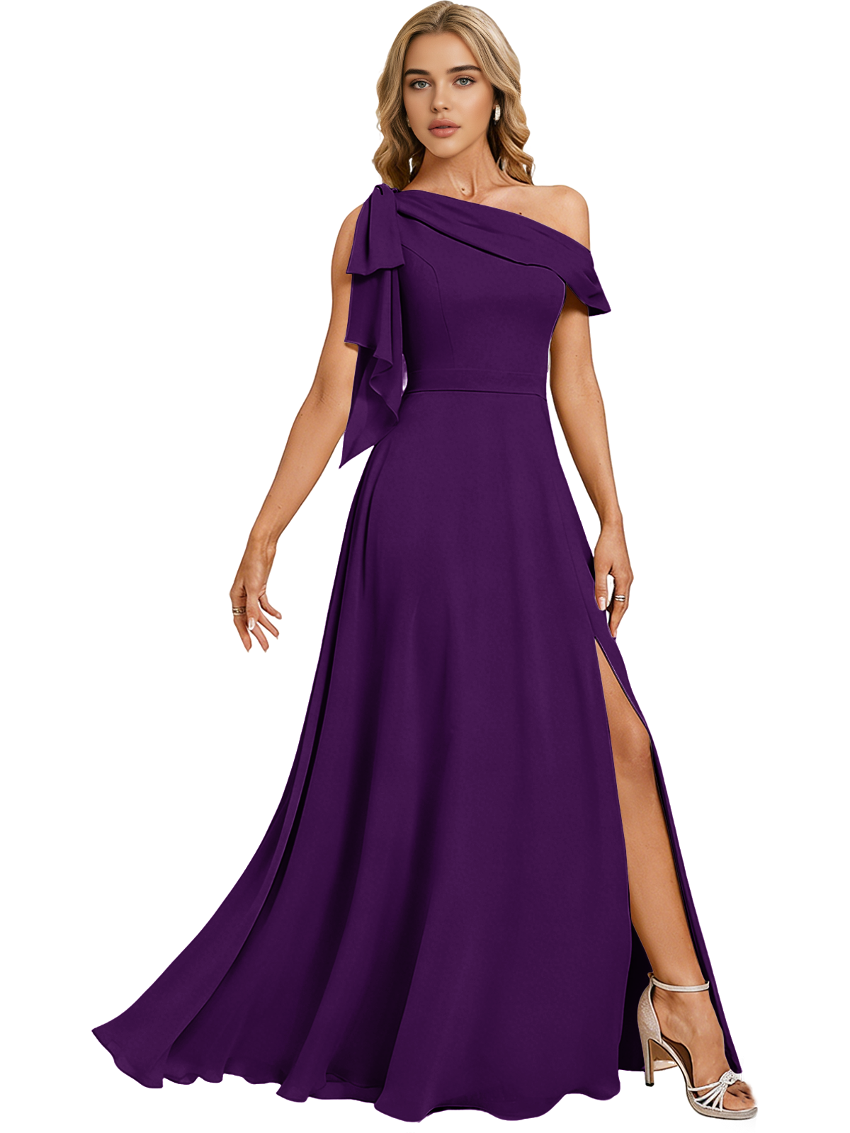 Asymmetric Off Shoulder Bridesmaid Dress with Draped Sleeve and Slit