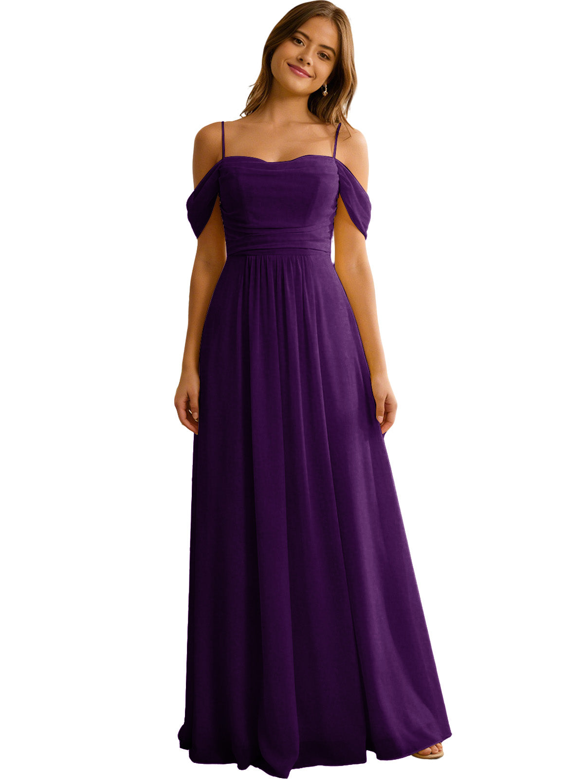 Off Shoulder Chiffon Bridesmaid Dress with Soft Pleated Bodice