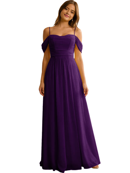 Off Shoulder Chiffon Bridesmaid Dress with Soft Pleated Bodice