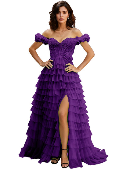Off Shoulder Tulle Ball Gown Prom Dress with Ruffle Sleeves and Slit