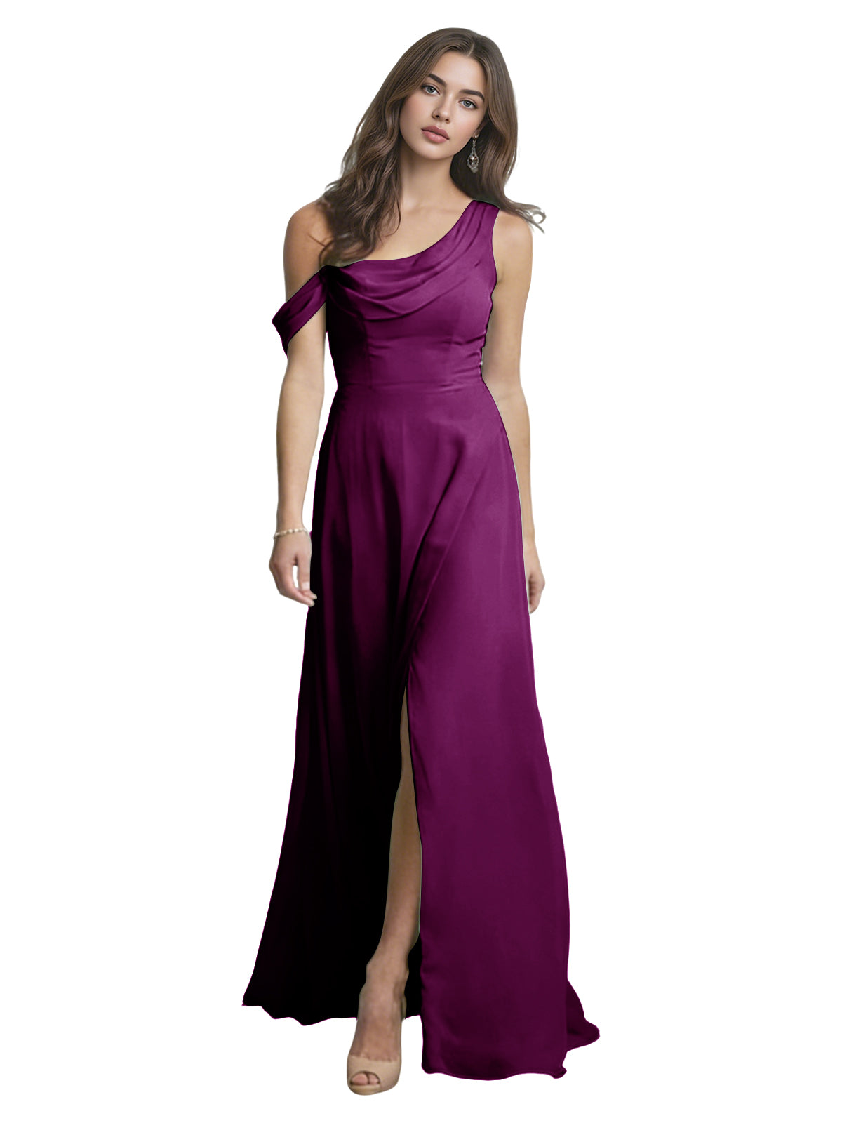 One Shoulder Satin Bridesmaid Dress with Draped Neckline and Slit