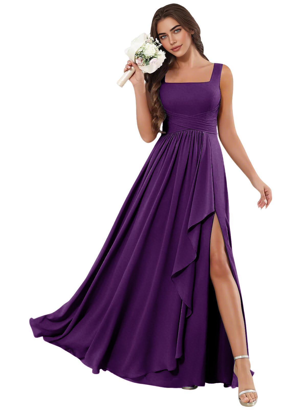 Square Neck Chiffon Bridesmaid Dress with Corset Back and Slit