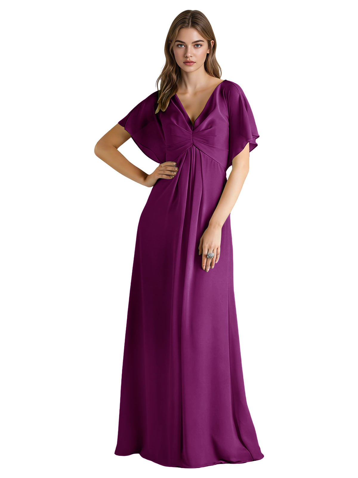 Short Sleeve V-Neck Chiffon Bridesmaid Dress with Gathered Waist