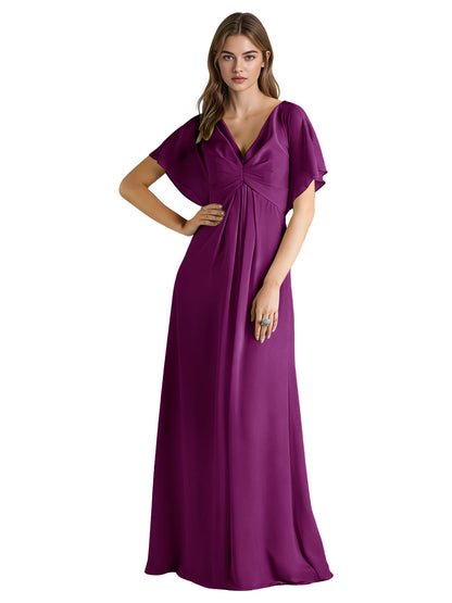 Short Sleeve V-Neck Chiffon Bridesmaid Dress with Gathered Waist
