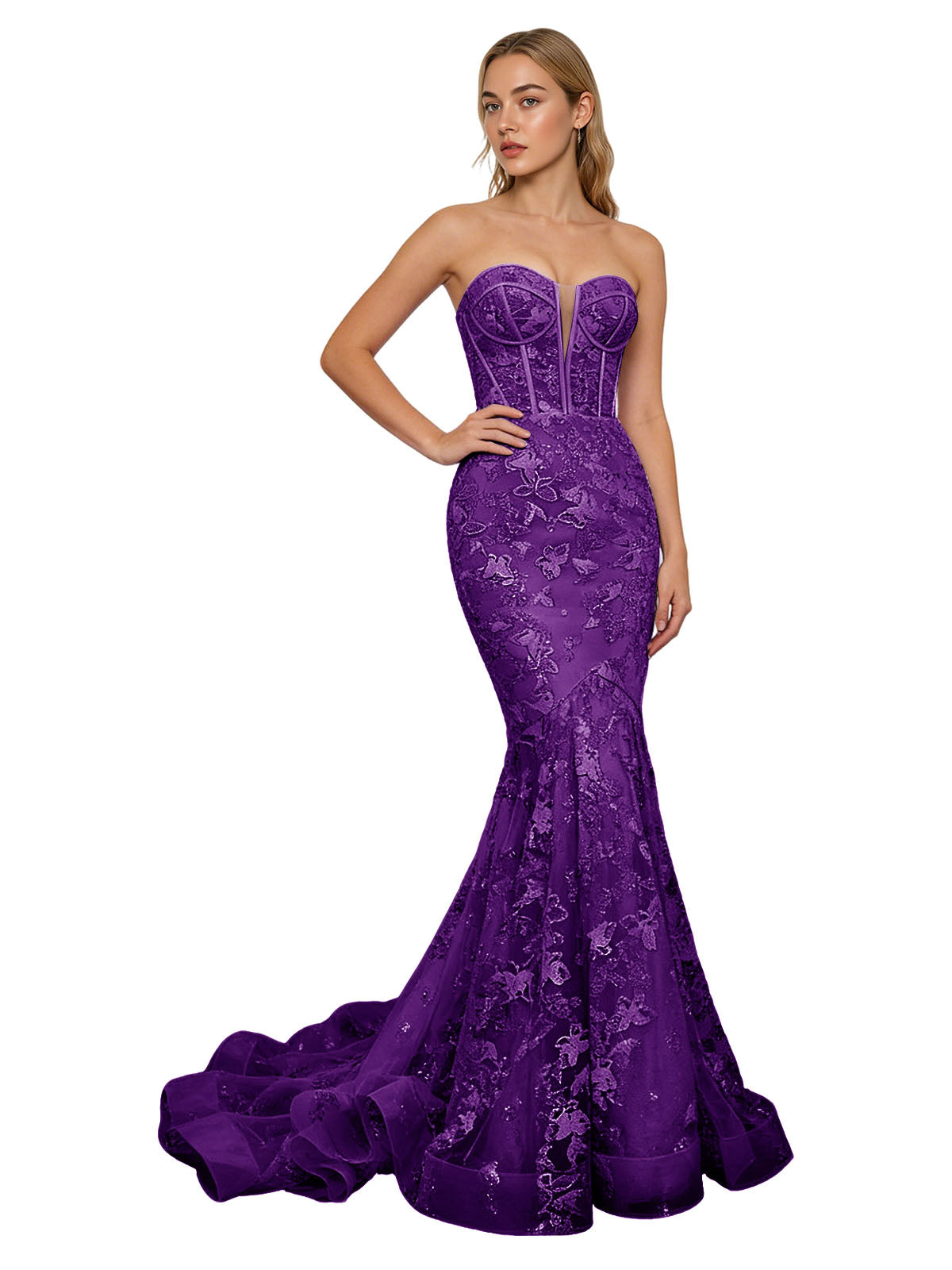Strapless Lavender Lace Mermaid Prom Dress with Sheer Corset and Train
